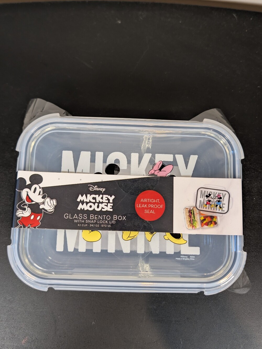 Disney Mickey Mouse Glass Bento Box 3 Compartment Snap Lock Lid 34.1oz New Seale